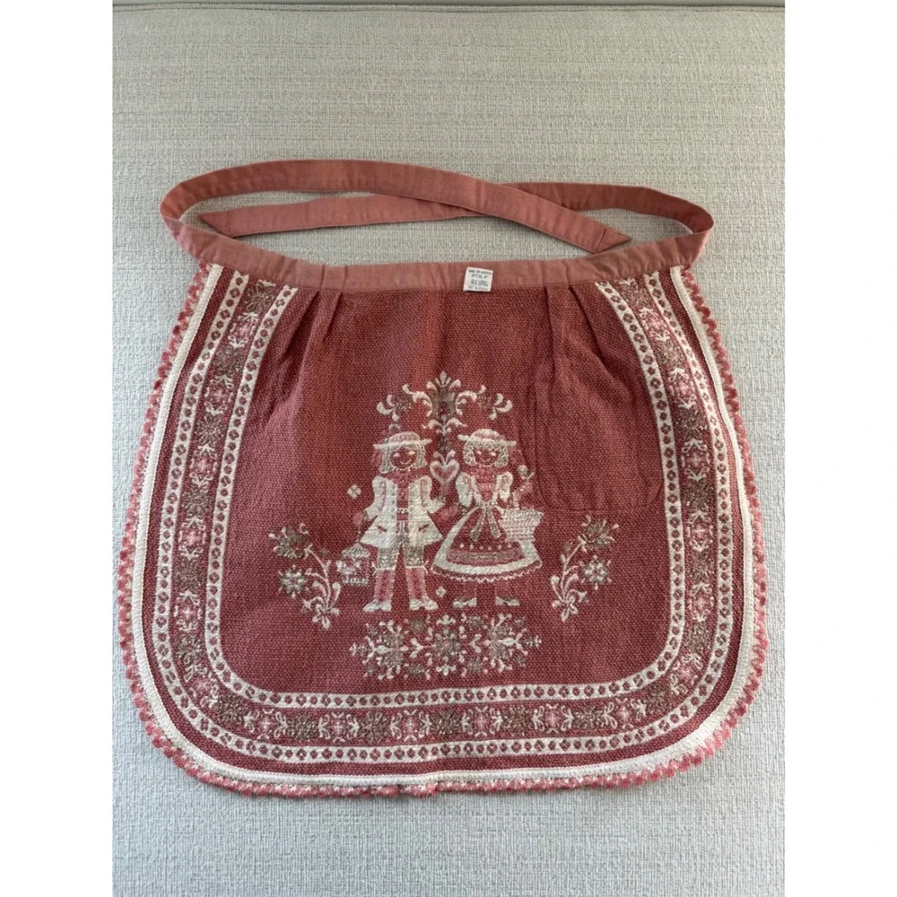 Vintage Kolf Austria Apron Linen Cotton Crochet Trim One Size Pink White